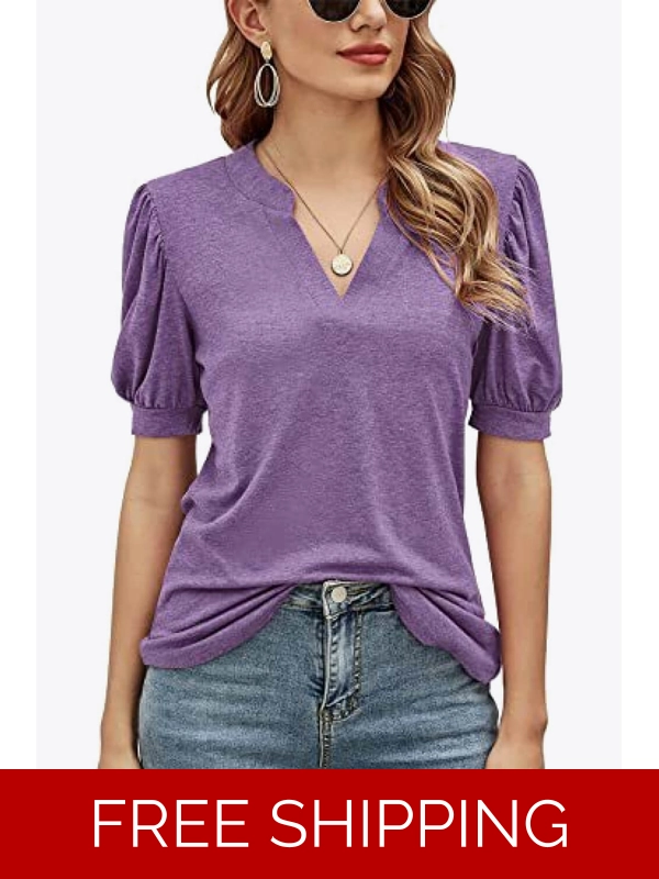 Notched Neck Puff Sleeve Tee